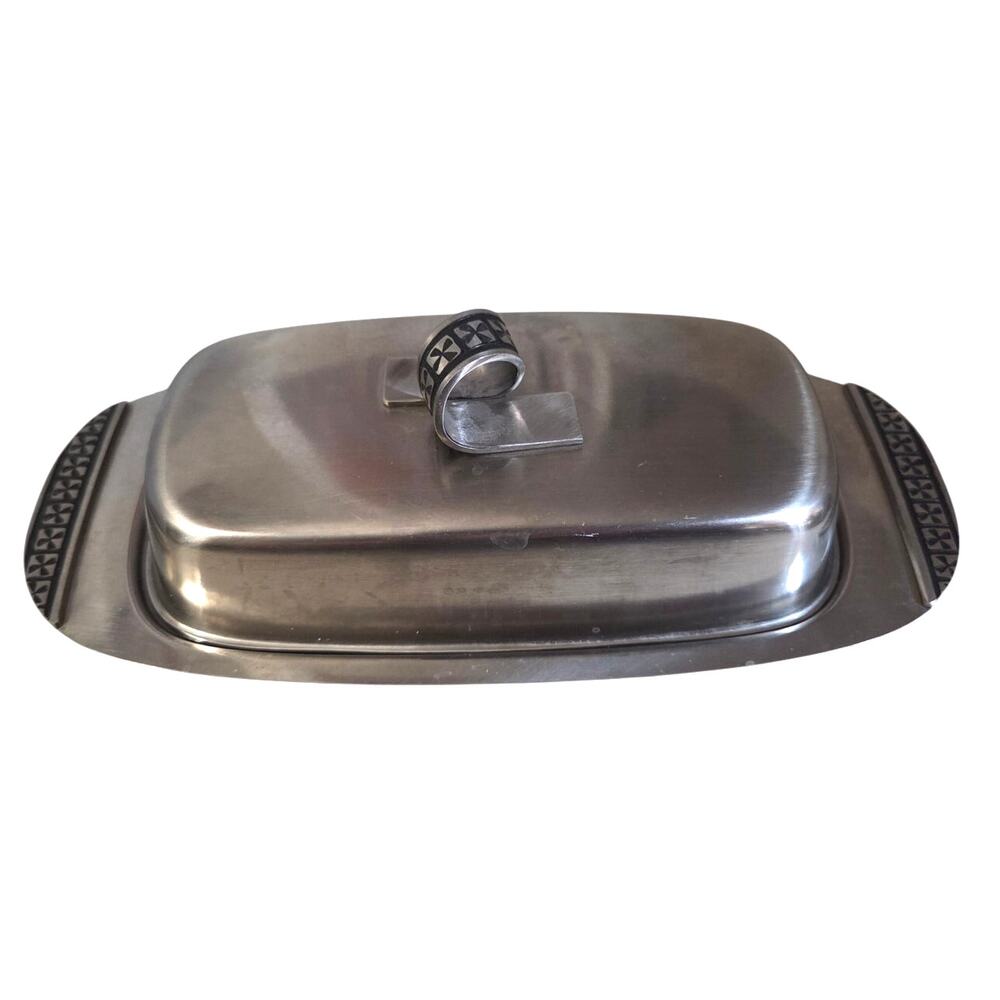 Vintage Butter Dish Regal Silver Cross Handle Crystal Glass Insert MCM Japan